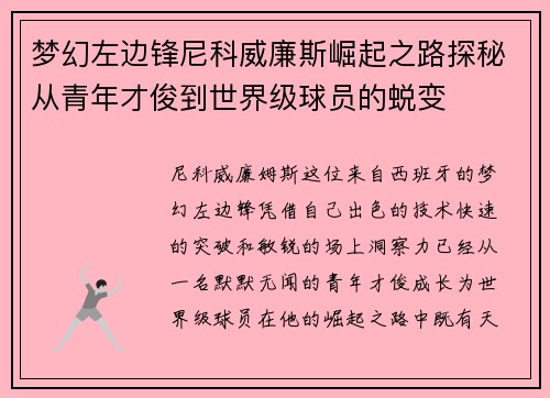 梦幻左边锋尼科威廉斯崛起之路探秘从青年才俊到世界级球员的蜕变 梦幻左边锋尼科威廉斯崛起之路探秘从青年才俊到世界级球员的蜕变