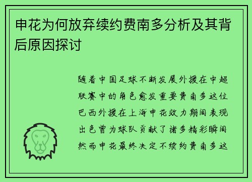 申花为何放弃续约费南多分析及其背后原因探讨 申花为何放弃续约费南多分析及其背后原因探讨